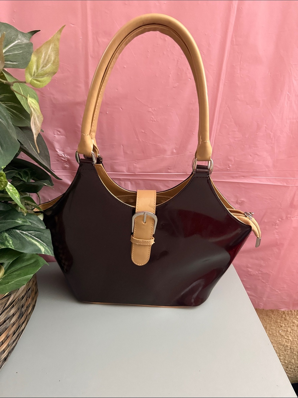 Beijo Two-Tone Patent Shoulder Bag in Dark Burgundy and Tan